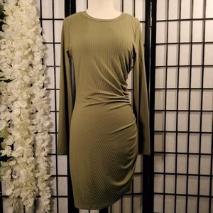 NWT And Now This Solid Olive Long Sleeve Mini Dress Side Cinched Size Medium